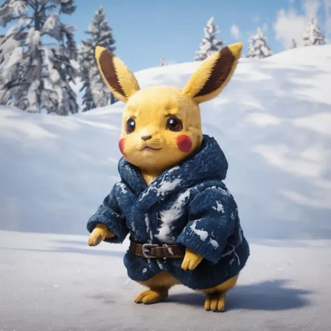 baby pikachu in the snow wearing winter clothes, rdr2game style <lora:RDR2V1.2-000012:1>
