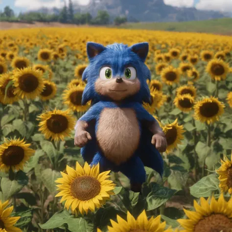 close-up baby sonic in a sunflower field, 8k uhd, dslr, high quality, rdr2game style <lora:RDR2V1.2-000012:1>