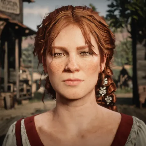 close-up beautiful red-haired woman in western dress, looking at the viewer, rdr2game style <lora:RDR2V1.2-000012:1>