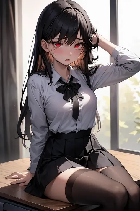 (masterpiece, best quality), 1girl, solo,sitting on a desk, beautiful face, long hair, torn clothes, torn legwear, dark school uniform, black thighhighs, moldy room, scared,crying, terrified face, itricate details, tied arms behind head, dark atmosphere, danger,