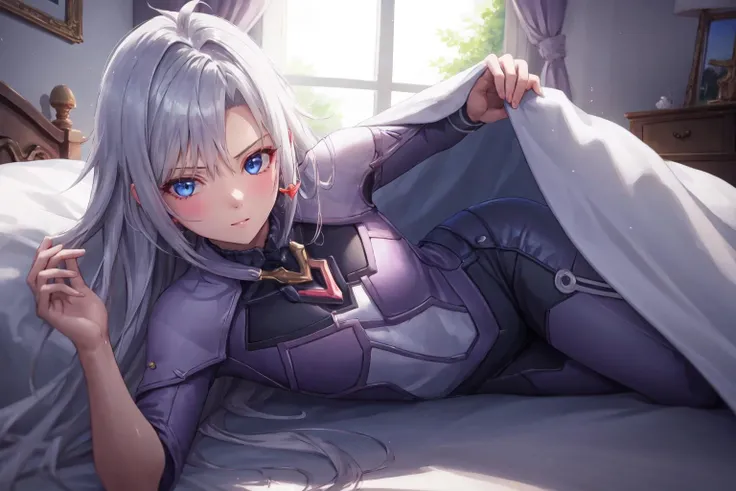 Highly detailed, High Quality, masterpiece, 1girl, solo, <lora:A-v1.0-000020_0.4:1.2>, a \(xenoblade\), <lora:pose invited:1>, pose invited, under covers, bedroom, <lora:GoodHands-vanilla:1>, nice hands, perfect hands