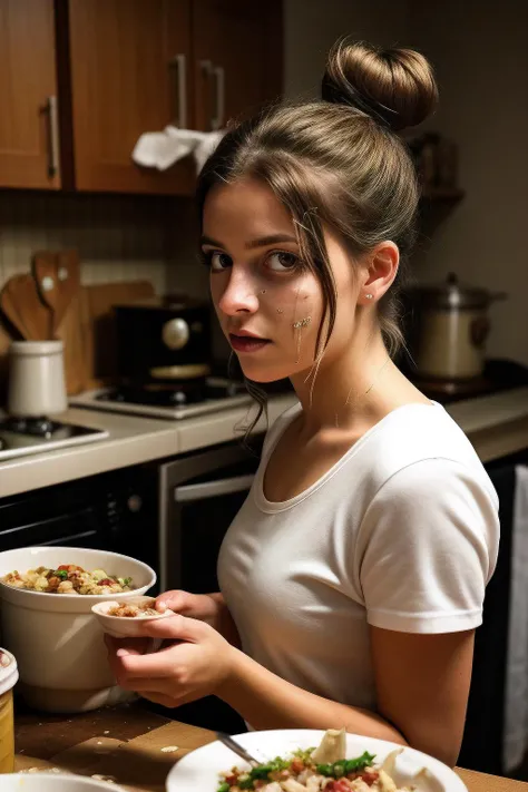 1girl, pretty, cutie, petite, slim, perfect body, perfect eyes, ((blonde)) messy bun hair, in the kitchen, looking at the camera, cooking, food on the walls food mess, food everywhere, messy, gross, food fight, perfect face and eyes, film grain, cinematic, lens bokeh, epic composition, natural lighting, photography, hyperrealistic, double exposure, blurry, motion blur, absurdres, highres, high quality, best quality, masterpiece, intricate, <lora:messyroom:1>