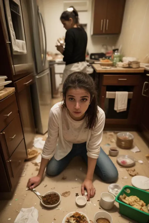close up fullbody photo, pretty, cutie, petite, slim, perfect body, perfect eyes, ((brunette)) messy bun hair, sitting on the kitchen floor, looking at the camera, cooking, food on the walls food mess, food everywhere, messy, gross, food fight, perfect face and eyes, film grain, cinematic, lens bokeh, epic composition, natural lighting, photography, hyperrealistic, double exposure, blurry, motion blur, absurdres, highres, high quality, best quality, masterpiece, intricate, <lora:messyroom:1.2>