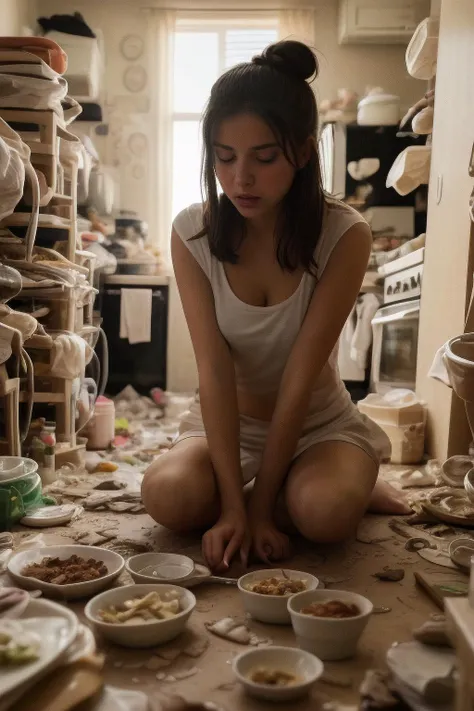 close up fullbody photo of 1girl, pretty, cutie, petite, slim, perfect body, perfect eyes, ((brunette)) messy bun hair, sitting on the kitchen floor, looking at the camera, cooking, food on the walls food mess, food everywhere, messy, gross, food fight, perfect face and eyes, film grain, cinematic, lens bokeh, epic composition, natural lighting, photography, hyperrealistic, double exposure, blurry, motion blur, absurdres, highres, high quality, best quality, masterpiece, intricate, <lora:messyroom:1.4>