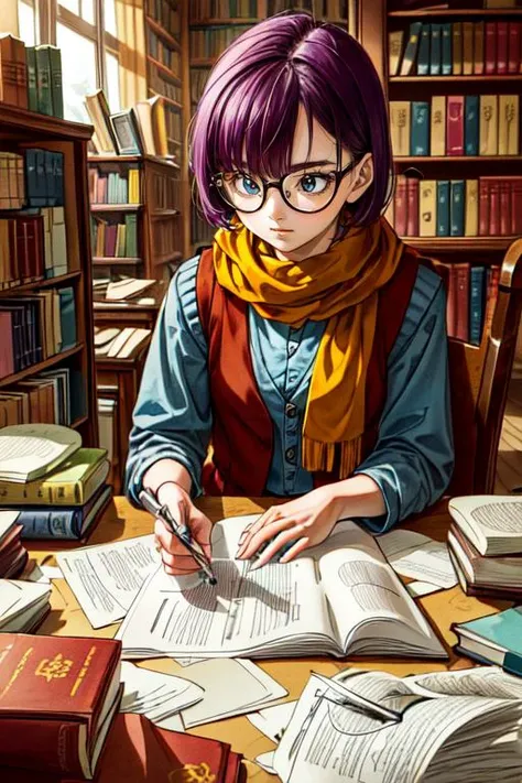 (masterpiece, best quality, highres, absurdres, ultra-detailed:1.3), 1girl, solo, <lora:lucca:0.6>(lucca, purple hair, short hair, glasses, yellow scarf, vest), (indoors, sitting, books, library, looking away), <lora:toriyama_akira_3:0.4>toriyama akira, <lora:add_detail_v1:0.7> , <lora:messyroom:0.75>(messy room, paper, blueprints)
