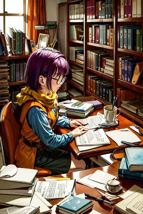 (masterpiece, best quality, highres, absurdres, ultra-detailed:1.3), 1girl, solo, <lora:lucca:0.6>(lucca, purple hair, short hair, glasses, yellow scarf, vest), (indoors, sitting, books, library, looking away), <lora:toriyama_akira_3:0.4>toriyama akira, <lora:add_detail_v1:0.7> , <lora:messyroom:0.75>(messy room, paper, blueprints)