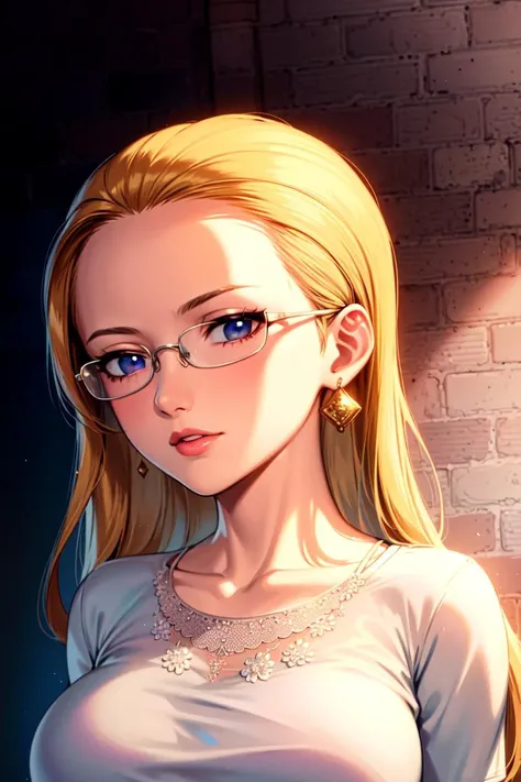 masterpiece, (ultra detailed background, delicate pattern, intricate detail), (highly detailed, fine details), best quality, beautiful lighting, (((medium breasts, slim girl))), (portrait, face shot), KalifaV2, 1girl, solo, blonde hair, long hair, (white T-shirt, simple T-shirt, glasses, jeans), blue eyes, jewelry, earrings, complex detailed background, inside, room environment, gray castle walls, brick walls, old building interior, spaceful room, <lora:KalifaEight:0.65>