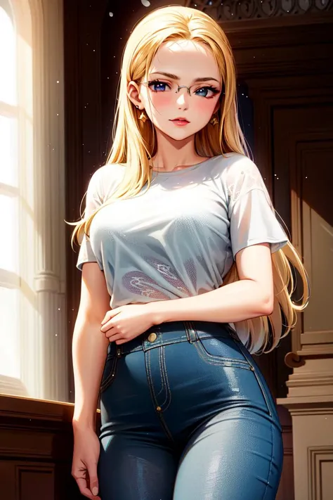 masterpiece, (ultra detailed background, delicate pattern, intricate detail), (highly detailed, fine details), best quality, beautiful lighting, (((medium breasts, slim girl))), (portrait, face shot), KalifaV2, 1girl, solo, blonde hair, long hair, (white T-shirt, simple T-shirt, glasses, jeans), blue eyes, jewelry, earrings, complex detailed background, inside, room environment, gray castle walls, brick walls, old building interior, spaceful room, <lora:KalifaEight:0.75>