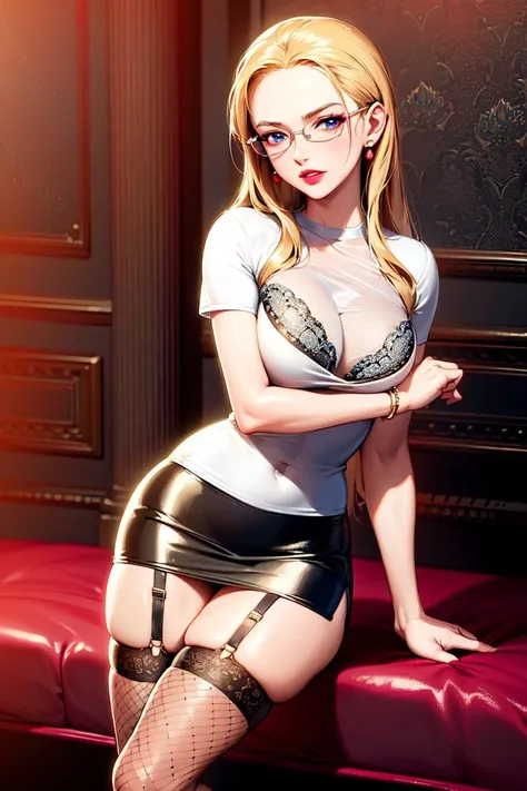 masterpiece, ((ultra detailed background, delicate pattern, intricate detail)), (highly detailed, fine details), best quality, beautiful lighting, (((medium breasts, slim girl, very slim girl))), (portrait), KalifaV2, 1girl, solo, blonde hair, long hair, (white T-shirt, simple T-shirt, glasses, fishnet thighhighs, skirt) blue eyes, jewelry, earrings, lipstick, makeup, garter straps, complex detailed background, inside, room environment, gray castle walls, brick walls, old building interior, spaceful room, <lora:KalifaEight:0.65>