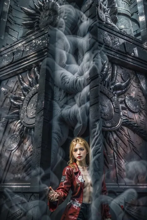 ((masterpiece), (best quality), ultra high res, (raw photo:1.2), (photorealistic:1.4), Exceptional detail, dramatic lighting, highres, 8k, absurdres, solo,
CN Girl6, ((human-tall gate)), fog, tentacles, outstretched hand, (pulling the girl into the gate:1.5), shadow, The gate facing viewer, horror \(theme\), ((long leather pants)),
(FL Gate:1.8), blonde hair, red coat, coat, solo, blurry, standing, smoke, depth of field, long sleeves,
<lora:Gate_v2-000030:1>, <lora:Stunning Beauty - 002:0.5>