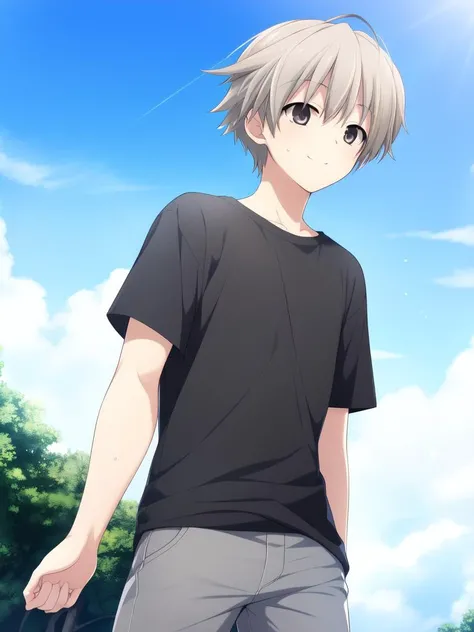 <lora:Kasugano_Sora:0.8>KasuganoHaruka, 1boy solo, grey pants, pants, shirt, male focus, black shirt, under body, standing, brown eyes, t-shirt, short hair, short sleeves, smile, open,
blue sky,
masterpiece, high quality, very_high_resolution, large_filesize, full color,