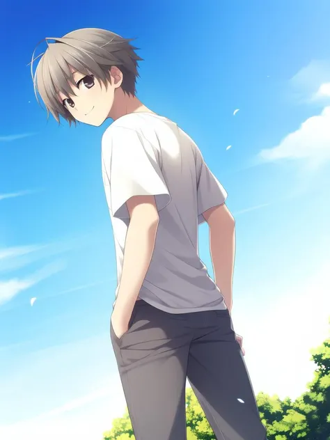 <lora:Kasugano_Sora:0.8>KasuganoHaruka, 1boy solo, grey pants, pants, shirt, male focus, black shirt, under body, standing, brown eyes, t-shirt, short hair, short sleeves, smile, open,
blue sky,
masterpiece, high quality, very_high_resolution, large_filesize, full color,