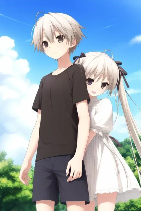 <lora:Kasugano_Sora:0.8> KasunogaSora, 1girl, soro, white hair, brown eyes, long hair, twintail, hair ribbon, white dress,
break, KasunogaHaruka, 1boy spro, white hair, brown eyes, short hair, ahoge, cowboy Shot, smile,
short pants,ãshort sleeves, black shirt, blue sky,
break, brother and sister,