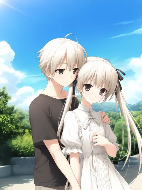 brother and sister, <lora:Kasugano_Sora:0.8> KasunogaSora, 1girl, soro, white hair, brown eyes, long hair, twintail, hair ribbon, white dress,
break, KasunogaHaruka, 1boy spro, white hair, brown eyes, short hair, ahoge, cowboy Shot, smile,
short pants,ãshort sleeves, black shirt, blue sky,
Draw a picture of a (adjective) woman being embraced by a (adjective) man."