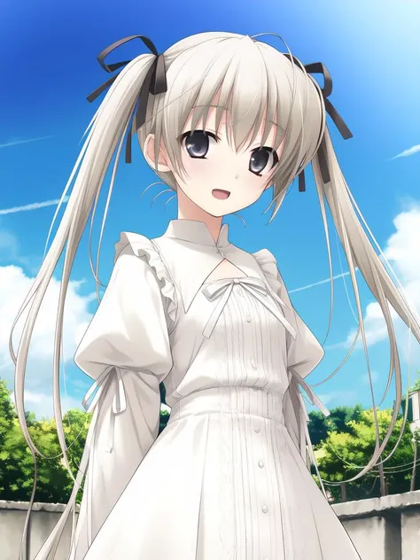 <lora:Kasugano_Sora:0.8>KasunogaSora, 1girl, soro, white hair, gray eyes, long hair, twintail, under body,  hair ribbon, white dress, cowboy Shot,
smile, open mouth,