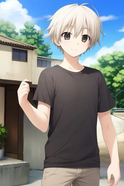 <lora:Kasugano_Sora:0.8> KasunogaHaruka, 1boy spro, white hair, brown eyes, short hair, ahoge, cowboy Shot, smile,
short sleeves, black shirt,