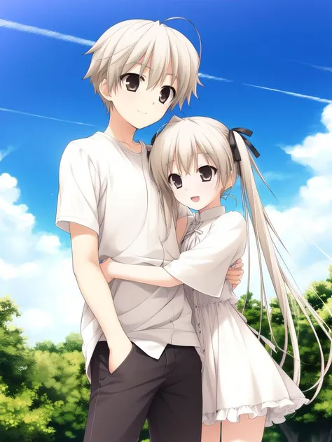 brother and sister, <lora:Kasugano_Sora:0.8> KasunogaSora, 1girl, soro, white hair, brown eyes, long hair, twintail, hair ribbon, white dress,
break, KasunogaHaruka, 1boy spro, white hair, brown eyes, short hair, ahoge, cowboy Shot, smile,
short pants,ãshort sleeves, black shirt, blue sky,
Draw a picture of a (adjective) woman being embraced by a (adjective) man."