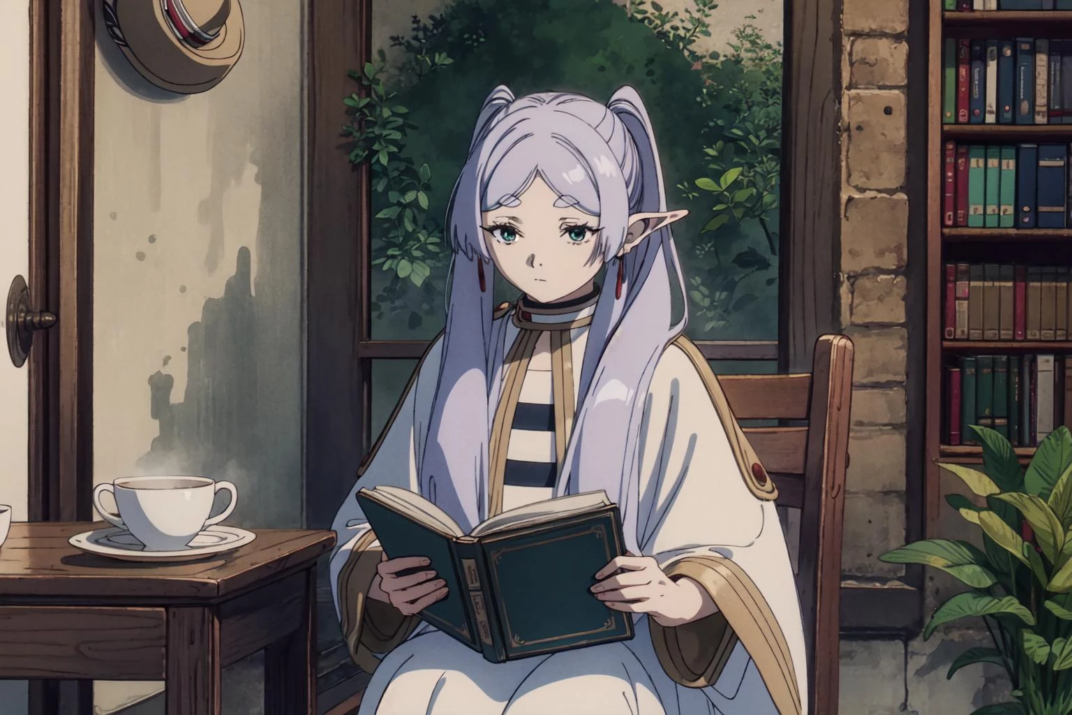 Frieren at the Funeral,Goblin ear,1 girl,knowledge of patchouli,solo,white hair,long hair,cup,hat,new moon,tea cup,book,sitting,ribbon,reading,cloak,chair,tea,anime coloring,hair bow,treeribbon,<lora:éè¬çèèè¾¾:1>,