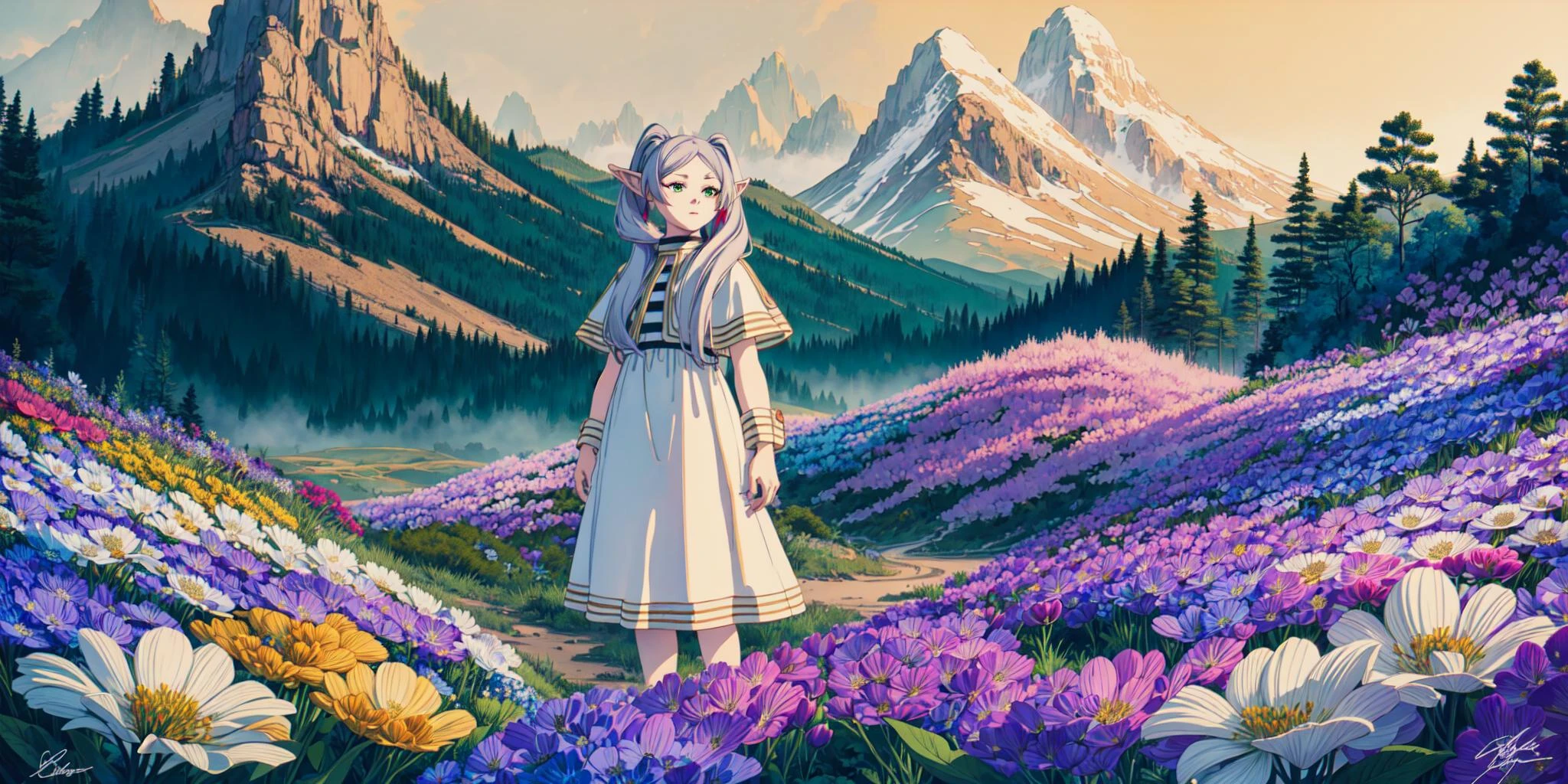frieren,long hair,twintails,(green eyes:1.5),grey hair,pointy ears,elf,((best quality)),((masterpiece)),((ultra-detailed)),(illustration),(detailed light),(an extremely delicate and beautiful),((trim)),incredibly_absurdres,(ray tracing),(reflection light),((Movie Poster)),(signature:1.3),(English text:1.3),BREAK (8k:1.3),Wallpaper,1girl,(girl middle of flower:1.4),clear sky,outside,ultra-detailed,best quality,extreme quality,Masterpiece,beautiful,pretty,sitting on the ground,(absurdly long hair, clear boundaries of the cloth:1.4),(pure white dress, pure white silk cloth:1.5),(ground of flowers, thousand of flowers, colorful flowers, flowers around her, various flowers:1.51),young,stunning,attractive,sundress,fantastic scenery,pure whiteshoes,<lora:éè¬çèèè¾¾:1>,
