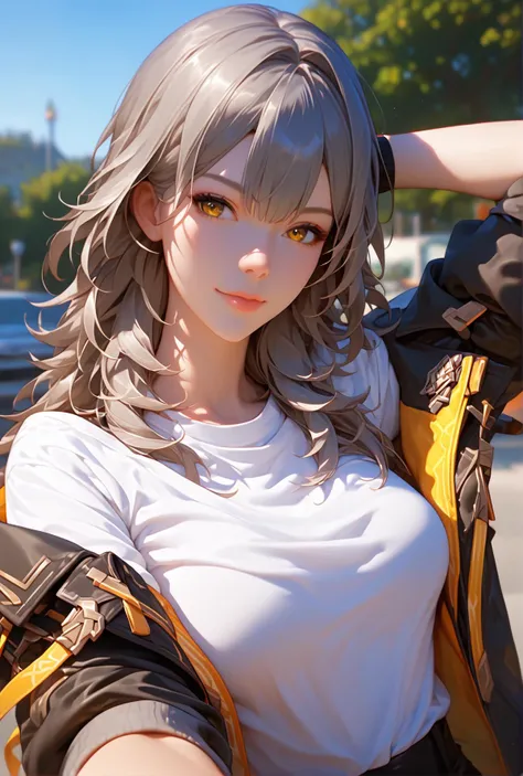 <lora:stellexlpony:1> stelle \(honkai: star rail\), 1girl, jacket, white shirt,black gloves, selfie, flirting, <lora:add-detail-xl:1> <lora:Expressive_H:1>, hand behind head, highly detailed, detailed skin, depth of field, film grain,, score_9, score_8_up, score_7_up