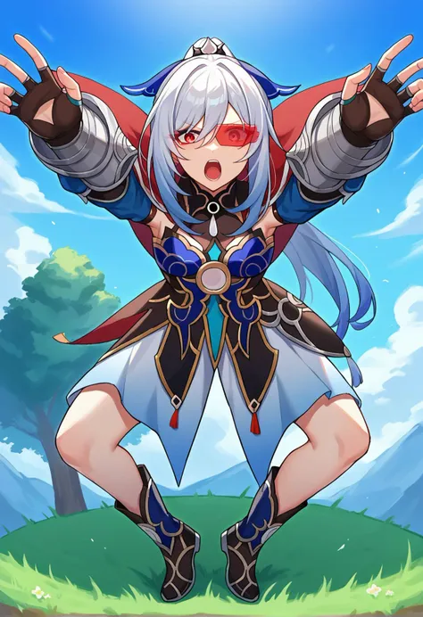 score_9, score_8_up, score_7_up, source_anime,
BREAK
1girl, solo, ginyu force pose,
<lora:Scouter_XLPD:1.2>, scouter, tinted eyewear,
<lora:jingliuponyxl4:0.8>, jingliu \(honkai: star rail\), blindfold, black blindfold,
looking at viewer, open mouth, shouting,
outdoors, grass, tree,