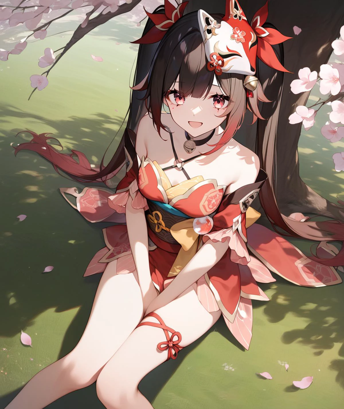 score_9, score_8_up, score_7_up, score_6_up,
<lora:Expressive_H:1.0>, uncensored,
1girl, <lora:sparkleponyxl:1>, sparkle \(honkai: star rail\), twintails, hair tie, asymmetrical sidelocks, mask on head, medium breasts, hair bell, gradient hair,
thigh strap, spaghetti strap, neck bell, red kimono, obi, sash,
looking at viewer, solo,
dating, picnic, (lunchbox:1.1), seat, on seat,
outdoors, park, on grass, tree, cherry blossoms, Cherry blossom leaves dancing, sunlight filtering through the trees,
sitting, wariza, hand between legs,
(dutch angle), (from above:1.1),
against tree,
smile, open mouth,
masterpiece, best quality,