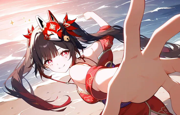 <lora:PepePunchMeme_XLPD:1.1>,incoming punch,smirk,<lora:sparkleponyxl:0.9>,sparkle \(honkai: star rail\),twintails,hair tie,asymmetrical sidelocks,red kimono,obi,mask on head,spaghetti strap,hair bell,gradient hair,beach,, (masterpiece, best quality),cinematic lighting,expressive eyes,(score_9,score_8_up,score_7_up),