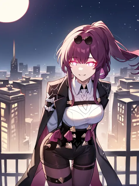 score_9, score_8_up, score_7_up, score_6_up, score_5_up, score_4_up, source_anime, rating_safe,
BREAK
front view, cityscape, night, moon, stars, rooftop, looking at viewer, glowing eyes, smile, white pupils, standing, hands behind back, leaning forward, 1girl,
,
,
<lora:kafkaponyxl3:1> 1girl,kafka \(honkai: star rail\), honkai: star rail, breasts, coat, coat on shoulders, shirt, long sleeves, gloves, high-waist shorts, pantyhose, eyewear on head, ponytail, long hair, thigh strap,