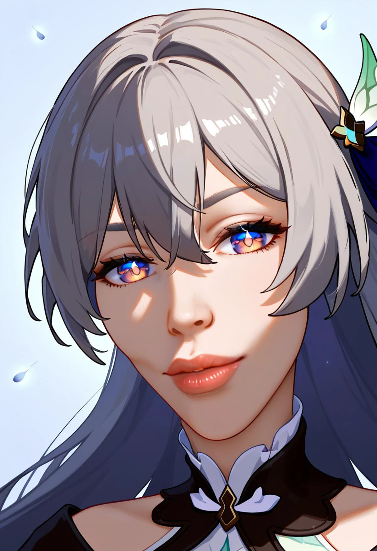1girl, solo, <lora:fireflyponyxl1:0.7>, firefly (honkai star rail), white background, meme attire, aesthetic, detailed, beautiful color, amazing quality, <lora:KazuyaGuy:1.2>, portrait, lips