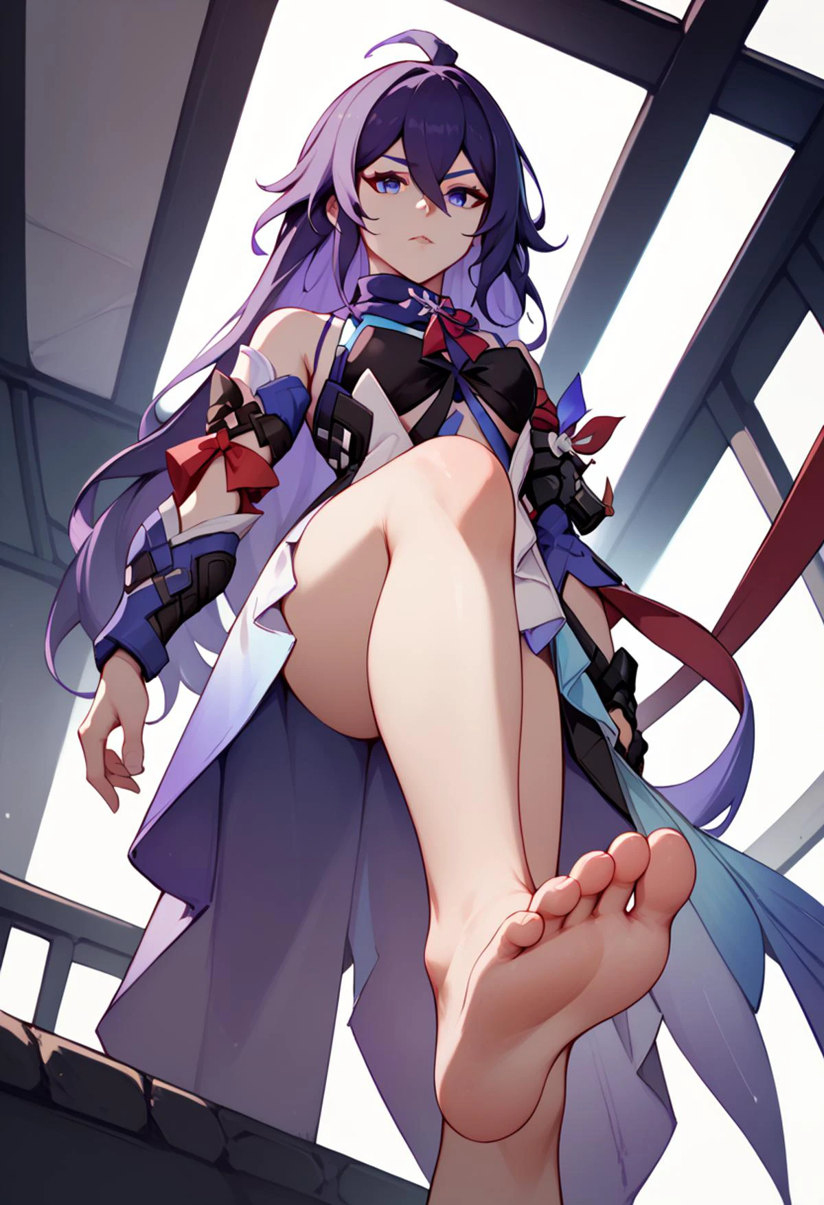 score_9, score_8_up, score_7_up, source_anime, 1girl, feet, from below, pov, standing on one leg, toes, <lora:Stepped on PXL-000017:1>, <lora:seeleponyxl:1>, seele \(honkai: star rail\), long hair, bangs, hair between eyes, purple hair, bare shoulders, looking at viewer, very long hair, multicolored hair