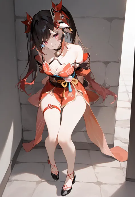 score_9, score_8_up, score_7_up, score_6_up,
<lora:Expressive_H:1.0>, uncensored,
1girl, <lora:sparkleponyxl:1>, sparkle \(honkai: star rail\), twintails, hair tie, asymmetrical sidelocks, mask on head, medium breasts, hair bell, gradient hair,
thigh strap, spaghetti strap, neck bell, red kimono, obi, sash,
(prison), (prison cell), Stone floors, stone walls, dim lighting,
(nose blush:1.1), (head tilt:1.2),
(full body:1.3),
arms behind back, standing,
front view,
smile,
against wall,
masterpiece, best quality,