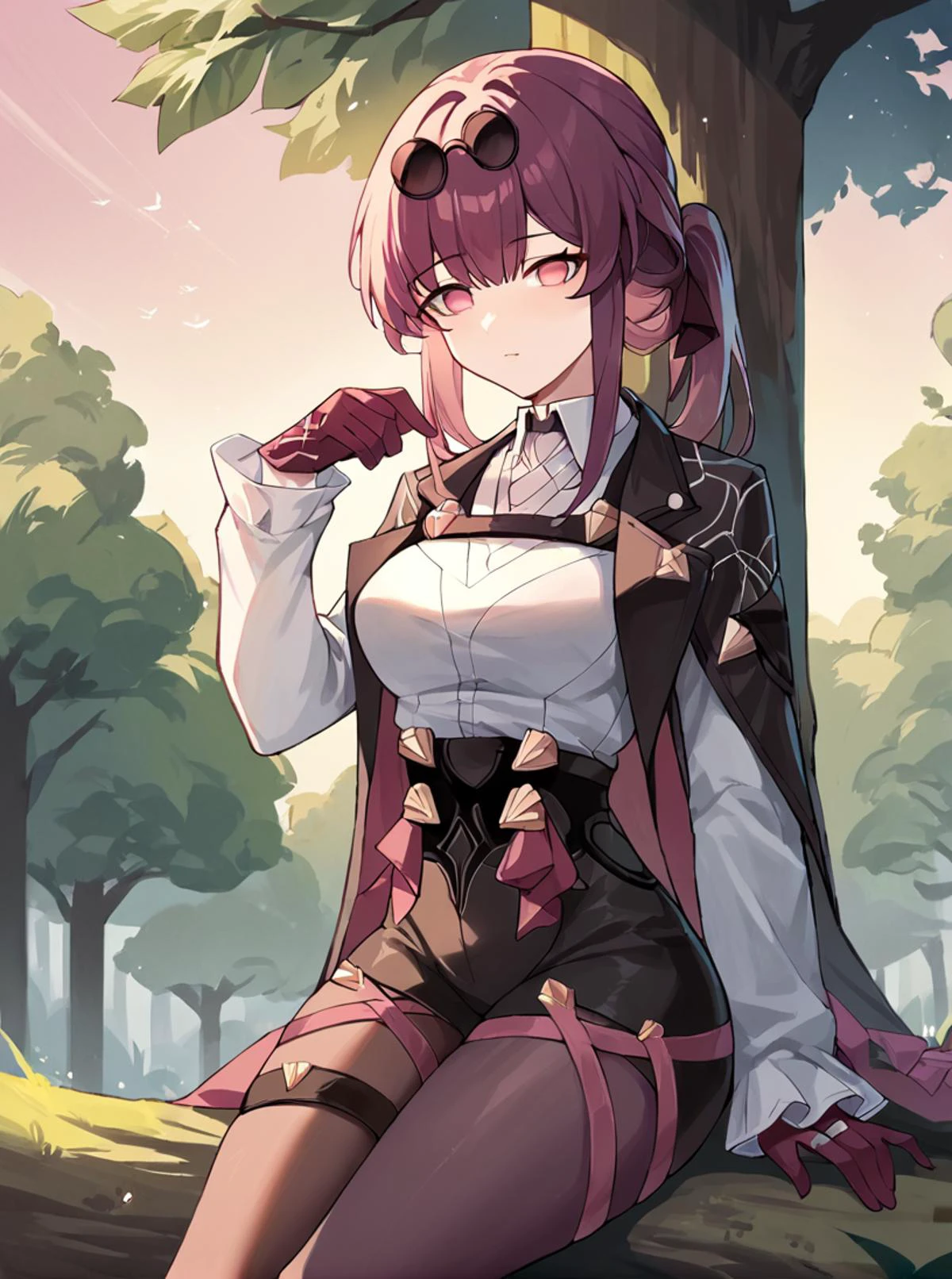 score_9, score_8_up, score_7_up, score_6_up, score_5_up, score_4_up, source_anime, rating_safe,
BREAK
(squatting:0.1), sitting in tree, outdoors, nature, forest, dawn, 1girl ,
,
,
<lora:kafkaponyxl3:1> 1girl,kafka \(honkai: star rail\), honkai: star rail, breasts, coat, coat on shoulders, shirt, long sleeves, gloves, high-waist shorts, pantyhose, eyewear on head, ponytail, long hair, thigh strap,