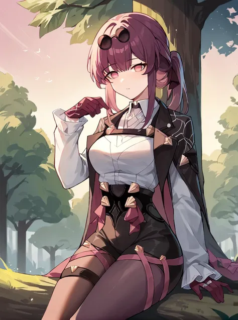 score_9, score_8_up, score_7_up, score_6_up, score_5_up, score_4_up, source_anime, rating_safe,
BREAK
(squatting:0.1), sitting in tree, outdoors, nature, forest, dawn, 1girl ,
,
,
<lora:kafkaponyxl3:1> 1girl,kafka \(honkai: star rail\), honkai: star rail, breasts, coat, coat on shoulders, shirt, long sleeves, gloves, high-waist shorts, pantyhose, eyewear on head, ponytail, long hair, thigh strap,