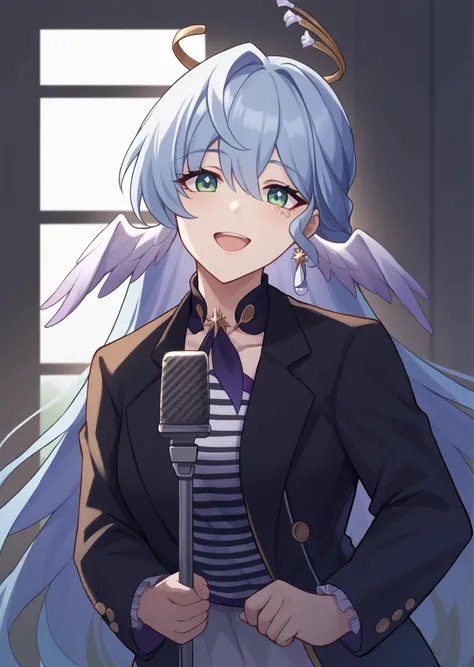 score_9, score_8_up, score_7_up, score_6_up, source_anime,
1girl, robin \(honkai: star rail\) <lora:robinponyxl:1> long hair, wings, breasts, halo, medium breasts, facial mark, earrings,
IncrsNeverGonnaGiveUUp, smile, looking at viewer, microphone stand, upper body, black jacket, striped shirt, open mouth, suit, <lora:NeverGonnaGiveYouUp_XLPD:1>