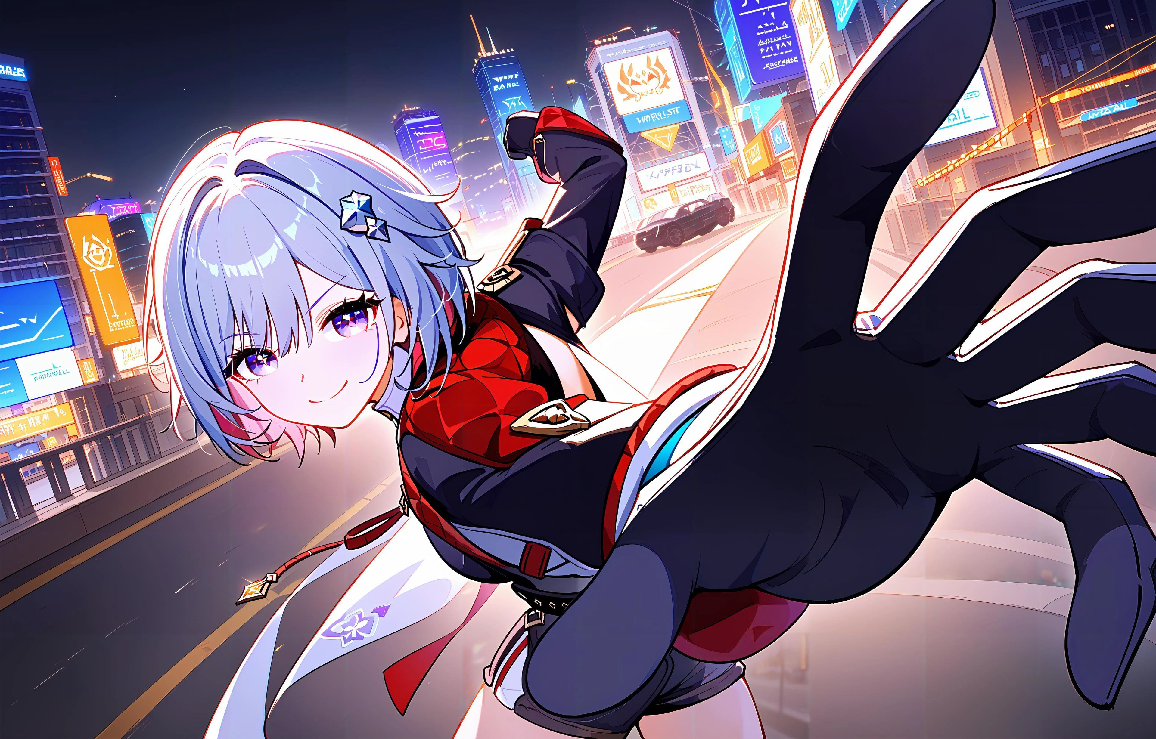 1girl,topaz \(honkai: star rail\),short hair,hair ornament,shirt,high-waist shorts,gloves,<lora:topazponyxl1:0.9>,<lora:PepePunchMeme_XLPD:1.1>,incoming punch,smirk,city,road,, (masterpiece, best quality),cinematic lighting,expressive eyes,(score_9,score_8_up,score_7_up),