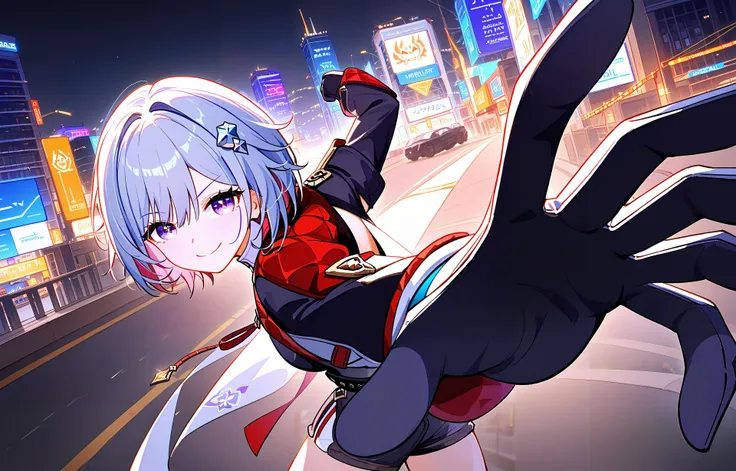 1girl,topaz \(honkai: star rail\),short hair,hair ornament,shirt,high-waist shorts,gloves,<lora:topazponyxl1:0.9>,<lora:PepePunchMeme_XLPD:1.1>,incoming punch,smirk,city,road,, (masterpiece, best quality),cinematic lighting,expressive eyes,(score_9,score_8_up,score_7_up),