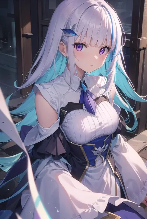 Anime girl with blue hair and white dress sitting on a bench - SeaArt AI