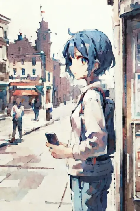 1girl,solo,pupils,blue hair,bunches,phone booth,city,