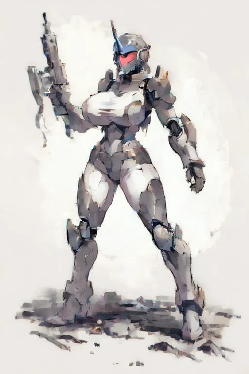 blasphemy,masterpiece,absurdres,realistic,chromatic aberration,science fiction,Transformation by mechanization,extremely detailed cg,impossible clothes,1girl,mature female,{fighting stance},robotic joint,hyper machine,huge breasts,narrow waist,wide hips,thick thighs,long legs,mechanical armor,glass armor,black and white and bronze clothes,torn clothes,damaged,luminous clothes,detailed machine,detailed structure,mechanical visor,mechanical gorget,mechanical pauldrons,mechanical arm guards,mechanical bracer,armored boots,{faceplate},{mechanical orb},{lightning orb},{{searchlight}},holding weapon,grim sky,grim atmosphere,{arm cannon},{neon blade},cityscape,damaged building,monster,mysterious creature,wide shot,