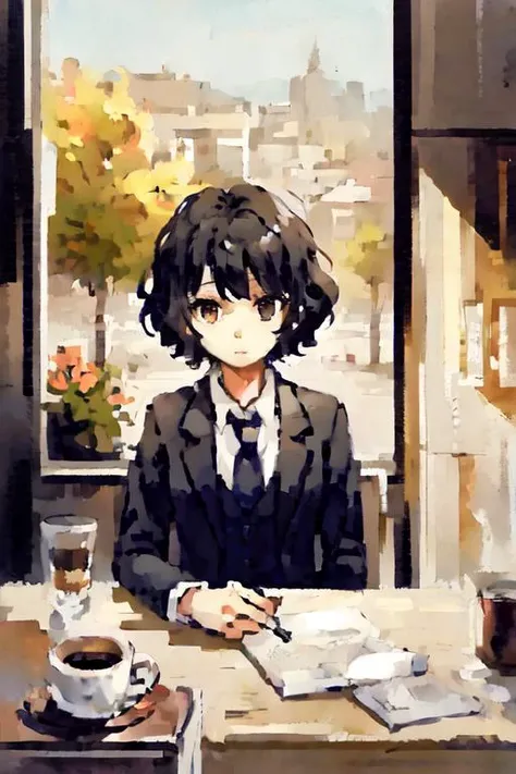 1girl,solo,pupils,black hair,curly hair,short hair,suit,coffee house,