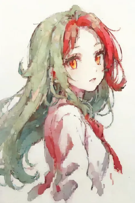 1girl,solo,streaked hair,long hair,pupils,green hair,red hair,orange eyes,