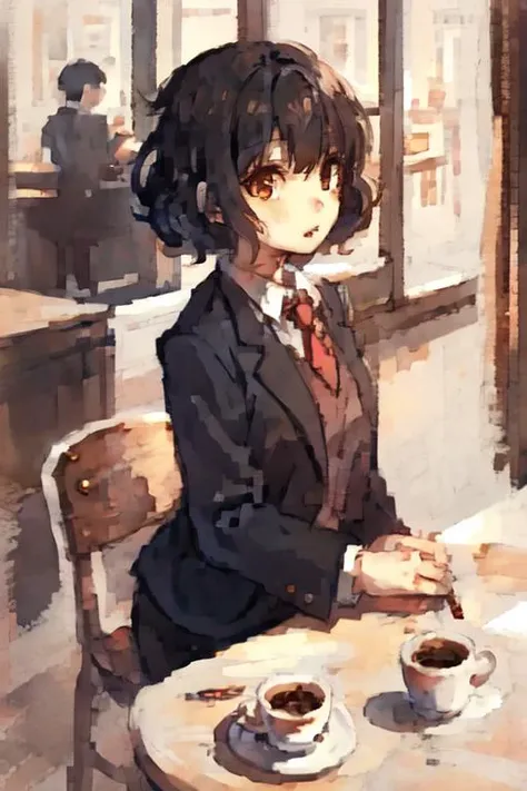 1girl,solo,pupils,black hair,curly hair,short hair,suit,coffee house,