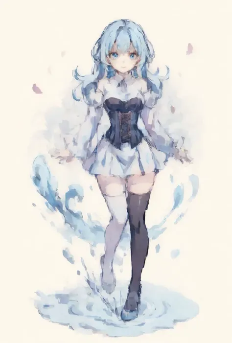 (masterpiece, best quality), 1girl, light blue hair, water hair, light blue eyes, flying petals, water blade, light blue water magic circle, light blue corset, black thighhighs, sidelighting, light particles, abstract,