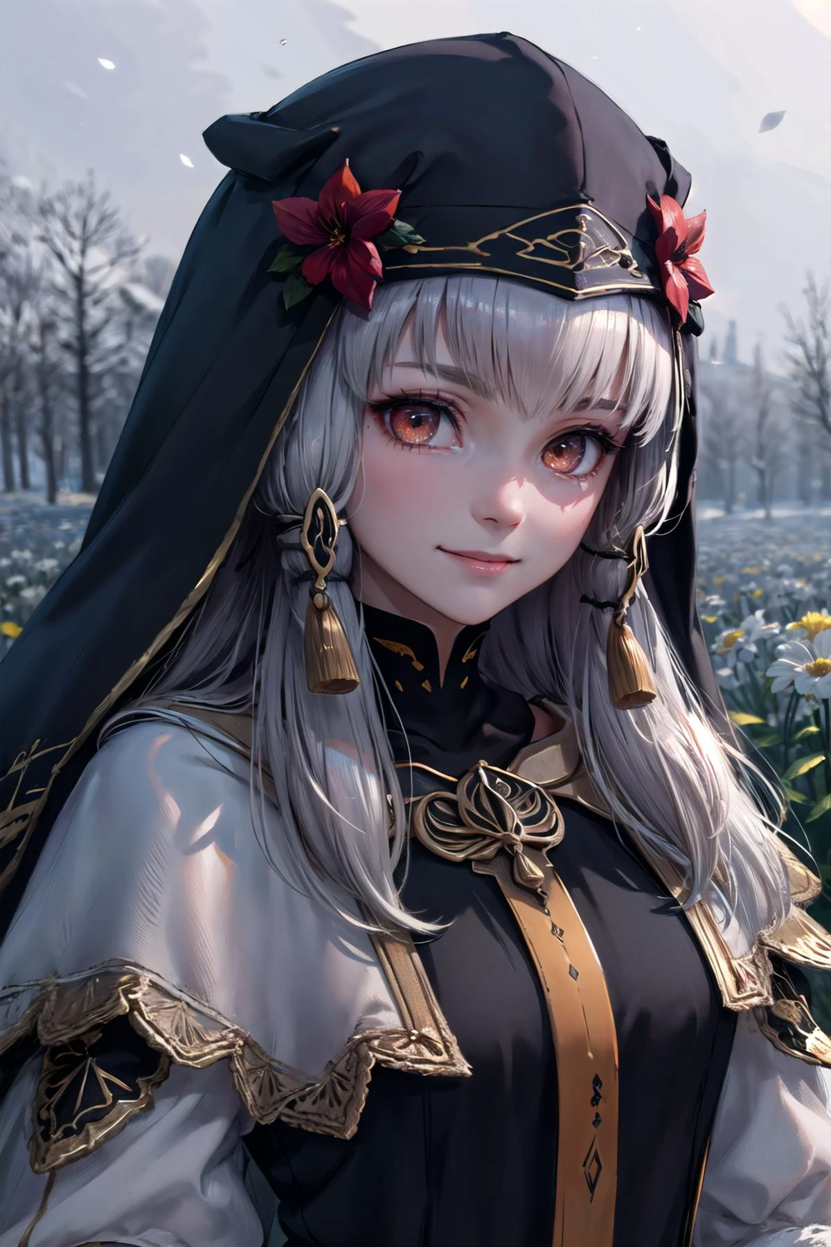 (highly detailed:1.3),
1girl, solo, (upper body,:1.2) ,(flower field:1.1),
<lora:fireemblem_ordelia:0.9>, lysitheabrave, hair ornament, dress, fur trim, white gloves, <lora:edgCultistHood:0.85> edgCultist, wearing edgCultist_hood,(light smile:1.2),orange eyes, (shy:1.3),
Ultra-detail, (highres:1.1), best quality, (masterpiece:1.3), cinematic lighting, <lora:add_detail:0.5>, <lora:epi_noiseoffset2:1>,
(highly detailed face and eyes:1.3),