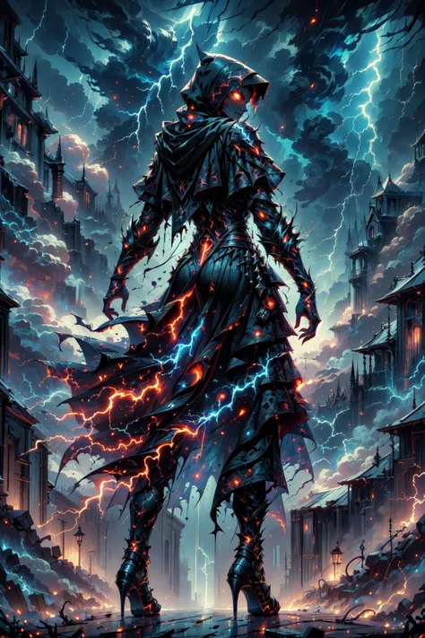 (masterpiece, best quality, detailed, high resolution, polished, vibrant colors), dark fantasy, (solo), full body, from behind, (woman), white hair, looking back, evil, sinister, glowing eyes, grinning, (wearing edgCultist_hood), torn clothes, tattered, (ominous), thundermagic, excessive energy, charged aura, ragingstorm, lightning, clouds, glowing <lora:edgCultistHood:0.8> <lora:ThunderMagic-22:0.6> <lora:ragingstorm-nvwls-v1:0.7>