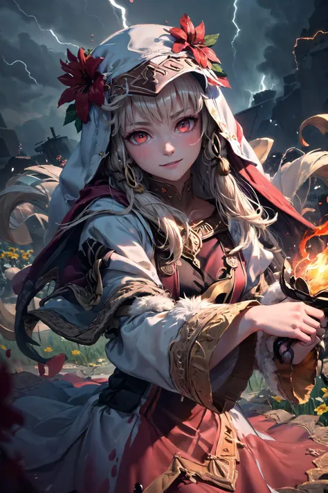 (highly detailed:1.3),
1girl, solo, (upper body,:1.2), (flower field:1.3),
<lora:fireemblem_ordelia:0.9>, lysitheabrave, hair ornament, dress, fur trim, white gloves, <lora:edgCultistHood:0.85> edgCultist, wearing edgCultist_hood, (light smile:1.2), orange eyes, (shy:1.3),
Ultra-detail, (highres:1.1), best quality, (masterpiece:1.3), cinematic lighting, <lora:add_detail:0.5>, <lora:epi_noiseoffset2:1>,
(highly detailed face and eyes:1.3),
BREAK
(Create a swirling tornado of colors, with twisting and spiraling brushwork, accompanied by intense color leaks and splashes that convey the raw power of a chaotic storm:1.4), (Cream color:1.1), (Electric Lime color:1.2), (Raspberry Pink color:1.1),