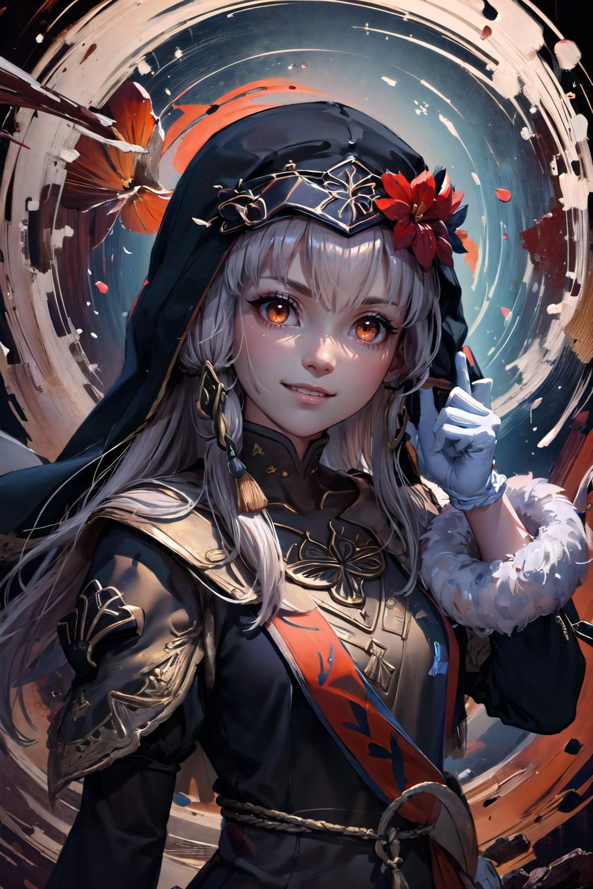 (highly detailed:1.3),
1girl, solo, (upper body,:1.2), (flower field:1.3),
<lora:fireemblem_ordelia:0.9>, lysitheabrave,, dress, fur trim, white gloves, <lora:edgCultistHood:0.85> edgCultist, wearing edgCultist_hood, (light smile:1.2), orange eyes, (shy:1.3),
Ultra-detail, (highres:1.1), best quality, (masterpiece:1.3), cinematic lighting, <lora:add_detail:0.5>, <lora:epi_noiseoffset2:1>,
(highly detailed face and eyes:1.3),