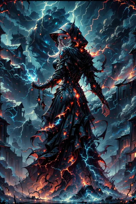 (masterpiece, best quality, detailed, high resolution, polished, vibrant colors), dark fantasy, (solo), full body, from behind, (woman), white hair, looking back, evil, sinister, glowing eyes, grinning, (wearing edgCultist_hood), torn clothes, tattered, (ominous), thundermagic, excessive energy, charged aura, ragingstorm, lightning, clouds, glowing <lora:edgCultistHood:0.8> <lora:ThunderMagic-22:0.6> <lora:ragingstorm-nvwls-v1:0.7>