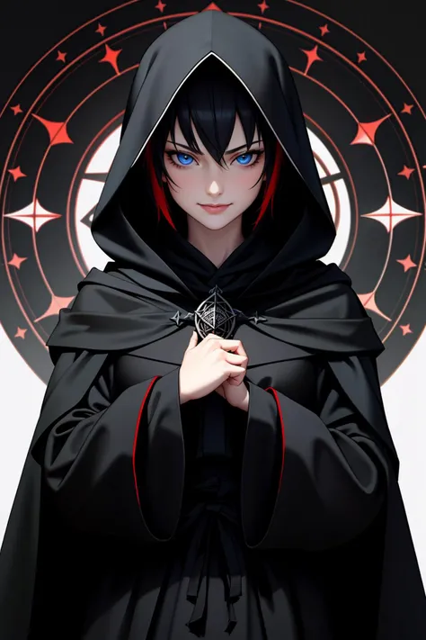 ((Masterpiece, best quality)),edgQuality,smirk,smug, hair inside the hood,short hair,
edgCultist, solo, looking at viewer, blue eyes, 1girl, upper body, male focus, hood, facial hair, cross, cloak, hood up, pentagram ,wearing edgCultist_hood,ominous,dark
<lora:edgCultistHood:0.85>