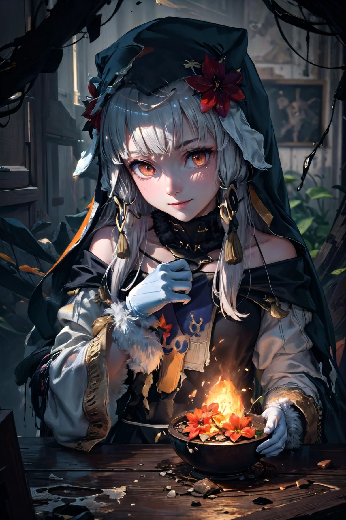 (highly detailed:1.3),
1girl, solo, (upper body,:1.2), (flower field:1.3),
<lora:fireemblem_ordelia:0.9>, lysitheabrave, hair ornament, dress, fur trim, white gloves, <lora:edgCultistHood:0.85> edgCultist, wearing edgCultist_hood, (light smile:1.2), orange eyes, (shy:1.3),
Ultra-detail, (highres:1.1), best quality, (masterpiece:1.3), cinematic lighting, <lora:add_detail:0.5>, <lora:epi_noiseoffset2:1>,
(highly detailed face and eyes:1.3),
BREAK
(Explore a meltdown of colors, with dramatic and unpredictable color blends, smudges, and intermingling tones that evoke a sense of artistic chaos and fluidity:1.4), (Navy color:1.1), (Fluorescent Orange color:1.2), (Fern Green color:1.1),